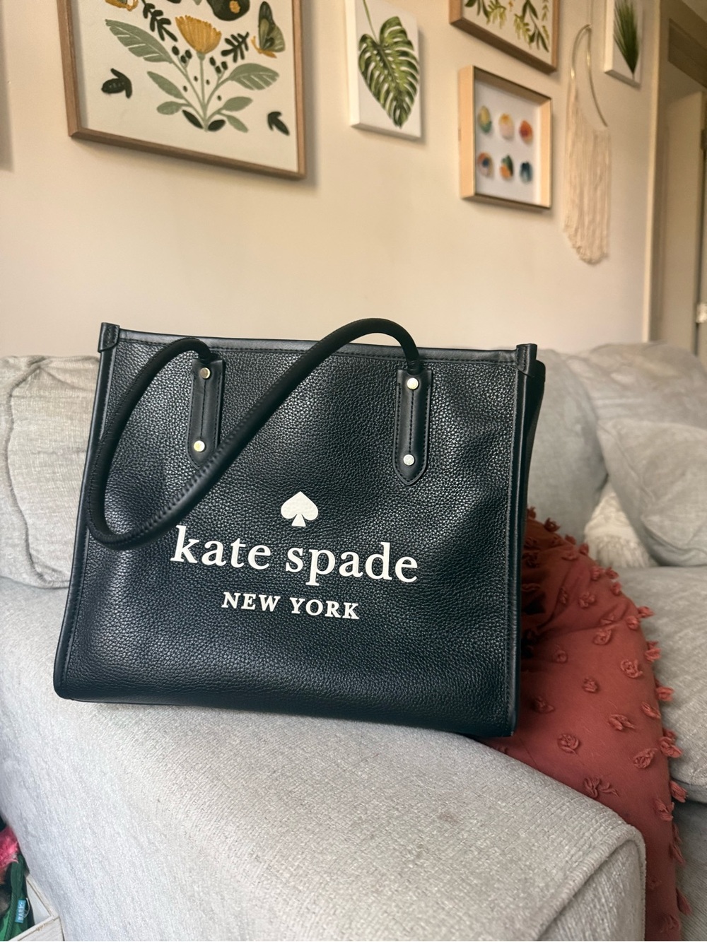 kate spade black pebbled leather logo tote with white logo